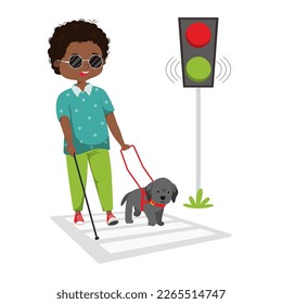 African american boy with a guide dog walking. Vision Disability, Eyes Disease, Blind kid with Cane and Sunglasses. Inclusive city space. Isolated cartoon vector illustration