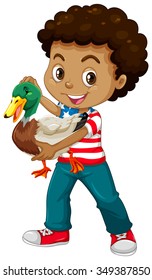 African american boy holding a duck illustration