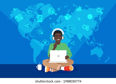 African american boy with laptop, speaking with headphones, international studying, working, blogging online. Remote work or education, virtual meeting, video conference, freelancing. Vector banner