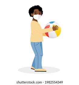 African american boy in mask playing with a ball. Coronavirus protection. Distance. Vector illustration.