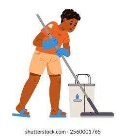 African American boy mopping the floor flat vector illustration isolated on white. Kid doing house chores.