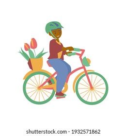 African American Boy On Bike With Basket Of Flowers Vector Flat Illustration