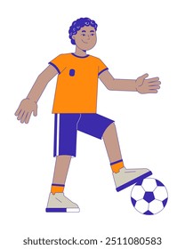 Menino afro-americano jogando futebol 2D personagem de desenho animado. Pequeno atleta driblando. Jogador garoto chutando bola de futebol isolada pessoa vetor plano no fundo branco. Ilustração especial colorida