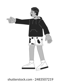 African american boy pointing finger black and white 2D line cartoon character. Excited male child isolated vector outline person. Demonstrating. Kid enthusiasm monochromatic flat spot illustration