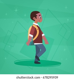 African American Boy Pupil Walking School Boy Small Primary Student Flat Vector Illustration