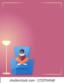 African American Boy Reading Book. Vector Poster or Vertical Banner Template. Flat Illustration of Teenager in Armchair. Concept of Leisure or Learning at Home