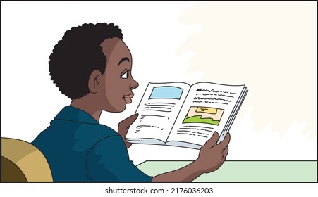 African american boy reading a book vector. 