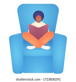 African American Boy Reading. Child or Teenager With Book in Armchair Isolated on White Background. Concept of Leisure or Learning at Home. Minimalist Vector Illustration
