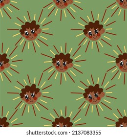 African American boy, seamless pattern, green background. Flat design hand drawn cartoon.