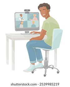 African American boy sits in a chair at a table working on a computer videoconferencing