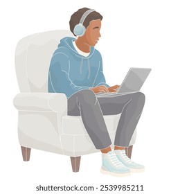 African American boy sitting in a chair with a laptop on her lap