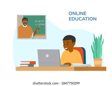 African American Boy Sitting At Desk In Front Of Laptop Learning Maths By Video Conference With Teacher. Online Or Distant Education. Study From Home. Flat Vector Illustration.