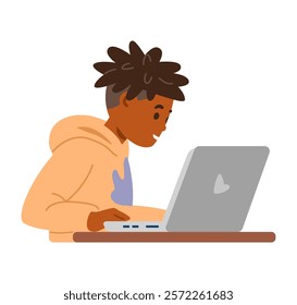 African American boy sitting at desk using laptop flat vector illustration isolated on white.