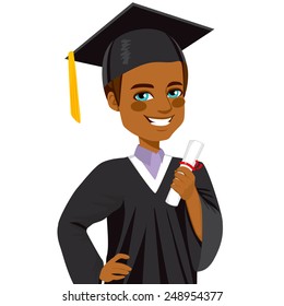 African american boy student smiling on graduation day holding diploma on hand