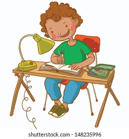 African American boy studying. Making Home Work. Back to School isolated objects on white background. Great illustration for a school books and more. VECTOR.