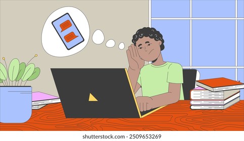 African american boy thinking about chatting at laptop flat illustration. Schoolboy doing boring homework 2D character cartoon background. Education online issues scene vector storytelling image