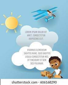 African American boy with toy car. Boy playing car. Vector Paper art of car, cloud and plane in the sky. Template advertising brochure with space for text. Origami concept Banner.