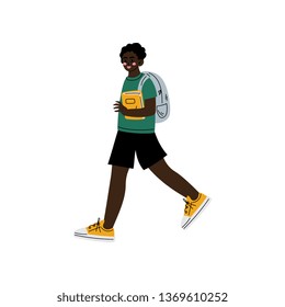 African American Boy Walking to School, Teenager Going to School with Backpack and Books Vector Illustration