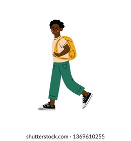 African American Boy Walking to School, Student Going to School with Backpack Vector Illustration