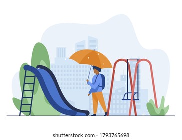 African American boy walking with umbrella on playground. Backpack, slide, cityscape flat vector illustration. Weather and childhood concept for banner, website design or landing web page