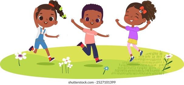 African American boys and girls are playing together happily jump. Kids Play at the grass. The concept is fun and vibrant moments of childhood. Vector illustrations