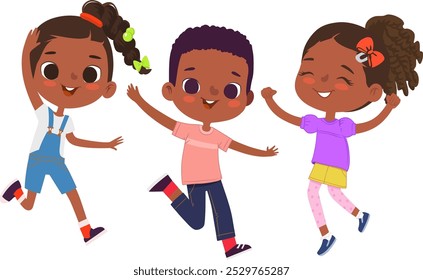 African American boys and girls are playing together happily jump. Kids Play at the grass. The concept is fun and vibrant moments of childhood. Vector illustrations