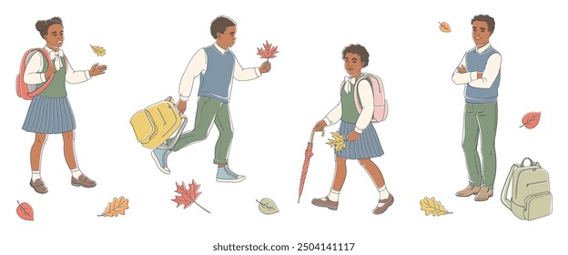 African American boys and girls of primary school age in school uniforms with school backpack 