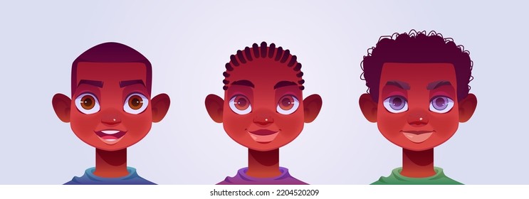 Afroamerikanische Jungen haben verschiedene Frisuren. Cute-Männchen-Kinderavatare, Portraits von Kindern mit kurzen Haaren, Afro- und Dreadlocks, Vektorgrafik-Illustration