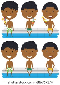 African American boys sit at the edge of the pool with nonalcoholic drinks. Young teens having fun in outdoor swimming pool. Summer vacation in the resort. 