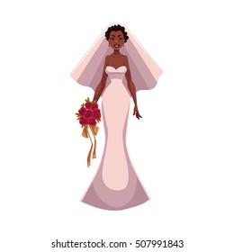 African American bride, fiancee, just married woman, cartoon vector illustration isolated on white background.