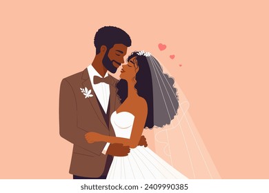 african american bride and groom are kissing,husband and wife in wedding attire on wedding day,concept of couple married for Valentine, Love Day, or celebration of love and commitment,vector lover ill