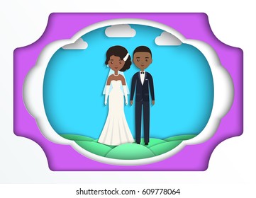 African American bride and groom in paper art style. Vector flat people characters. Cartoon couple newlyweds on blue background. Origami design.  Icons male, female. 