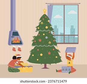 African American brother and sister near Christmas tree opening gifts flat vector illustration. Excited kids boy and girl in Christmas outfit unwrapping presents.