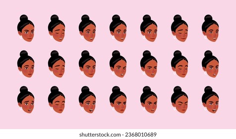 African american bundle, black hair woman emote set. Dark attractive female head, emotional facial expressions. Different face icons, positive, negative emotion pic. Vector cartoon on pink background