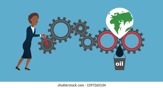 African American business lady in a suit holds the lever and rotates the gear system. Businesswoman presses minerals from the planet Earth. Drop of oil falls into a bucket. Oil production. Environment