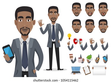 African American business man cartoon character creation set, pack of body parts and emotions. Smiling businessman in office clothes. Vector illustration.