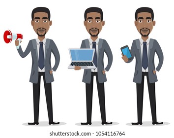African American business man cartoon character set. Businessman in office clothes holds loudspeaker, holds laptop and holds smartphone. Vector illustration on white background