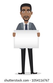 African American business man cartoon character. Smiling businessman in office clothes holds blank placard. Vector illustration on white background