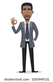 African American business man cartoon character. Smiling businessman in office clothes shows ok sign. Vector illustration on white background