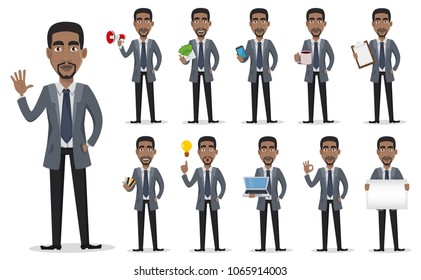 African American business man cartoon character, set. Handsome businessman in office clothes. Vector illustration on white background