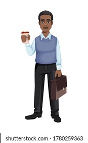 African American business man with a cup of coffee and suitcase. Cheerful handsome businessman cartoon character. Vector illustration