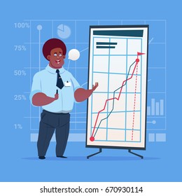 African American Business Man With Flip Chart Seminar Training Conference Brainstorming Presentation Financial Graph Flat Vector Illustration