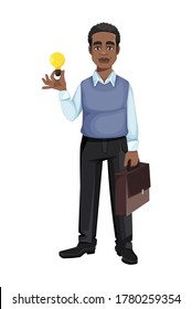 African American business man having a good idea. Cheerful handsome businessman cartoon character. Vector illustration