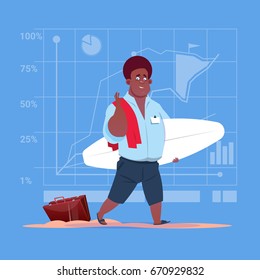 African American Business Man Hold Surf Board Wait For Vacation On Seaside Ocean Holiday Concept Flat Vector Illustration