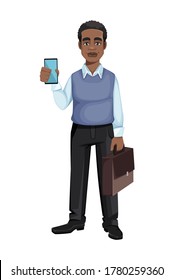 African American business man holding smartphone and suitcase. Cheerful handsome businessman cartoon character. Vector illustration