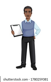 African American business man holding clipboard. Cheerful handsome businessman cartoon character. Vector illustration
