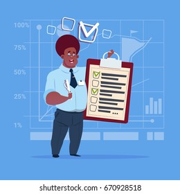 African American Business Man Holding Check List Clipboard Flat Vector Illustration