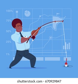 African American Business Man Holding Fishing Tackle Search Success Concept Flat Vector Illustration