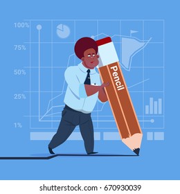 African American Business Man Holding Big Pencil Writing Office Worker Flat Vector Illustration