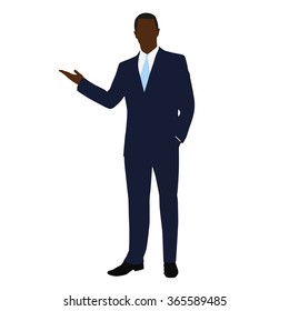 African American business man in office. Man in a dark blue suit during presentation